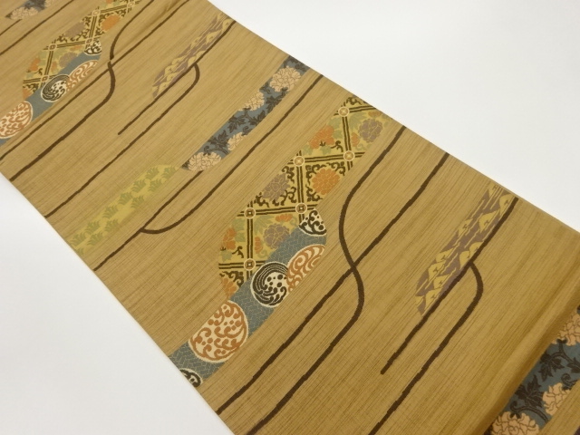 JAPANESE FUKURO OBI / WOVEN FLORAL PLANTS & ROUGH WAVE